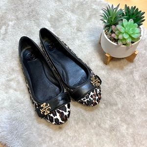 Tory Burch Black Leather & Leopard Ballet Flats with Gold Logo